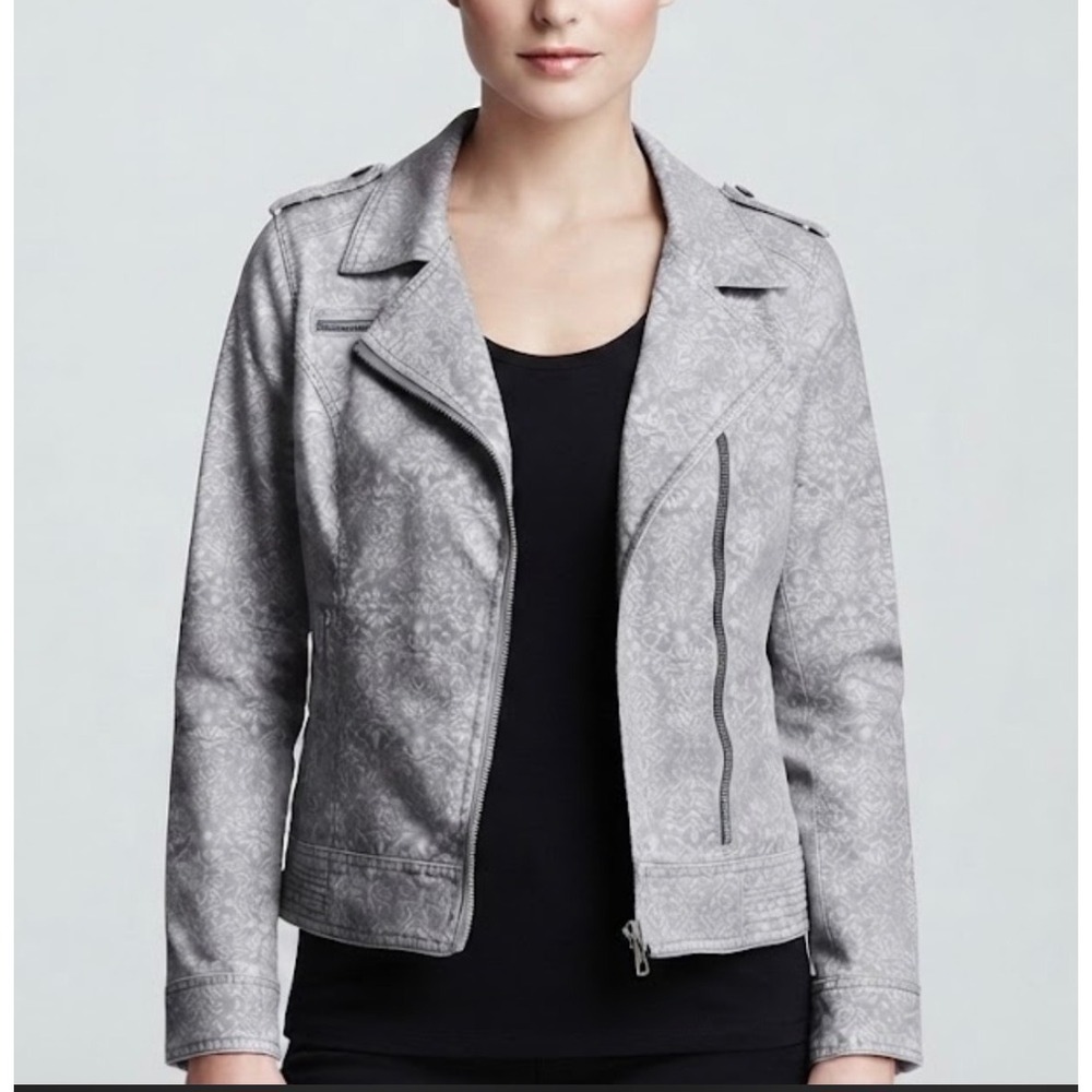 RuffHewn Womens Gray White Damask Moto Jacket Cotton Blend Size L Asymmetric Zip